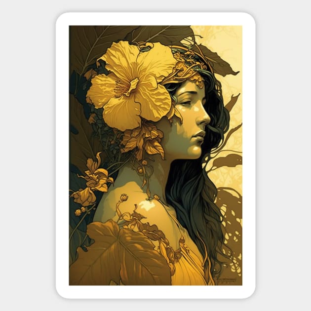 Hawaiian Woman With Yellow Hibiscus Sticker by ArtNouveauChic